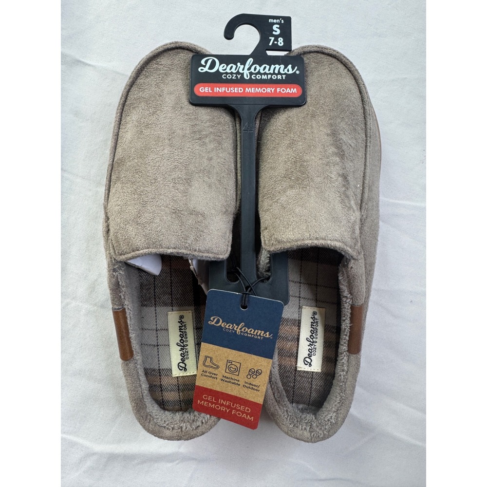 Dearfoams Mens Notch Clog Slippers Taupe Gel Infused Memory‎ Foam Small 7-8 NEW